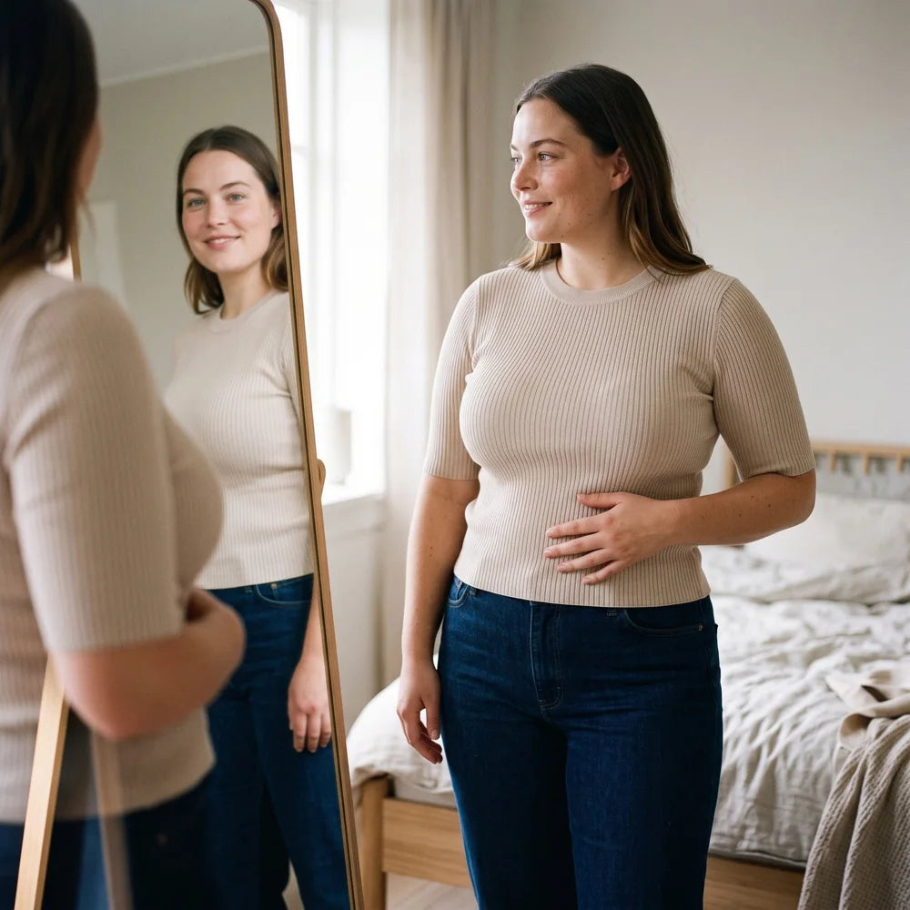 La même femme sourit devant le miroir, son chandail tombe droit